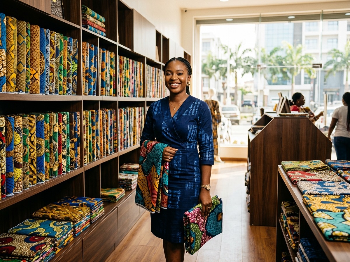 A businesswoman smiling proudly in her bright fabric boutique