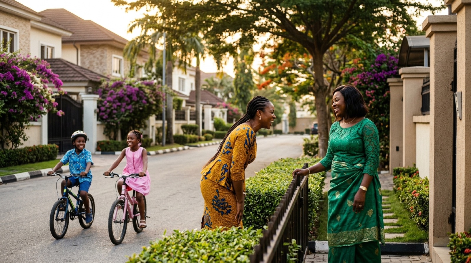 A beautiful tree-lined street in a Lagos estate, neighbours greeting each other, children riding bicycles