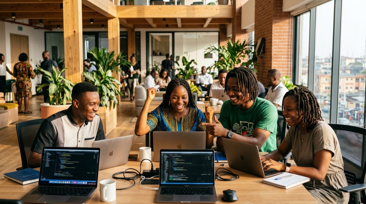 Young developers celebrating a win together at laptops in a bright tech hub