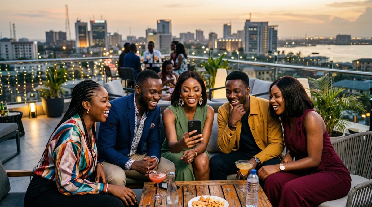 Young professionals laughing around one phone on a rooftop lounge