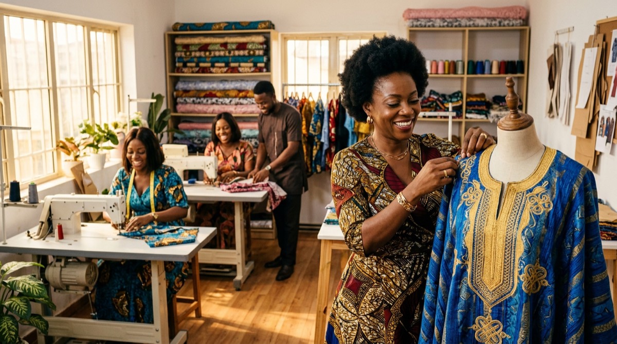A fashion designer finishing an embroidered agbada in her bright atelier